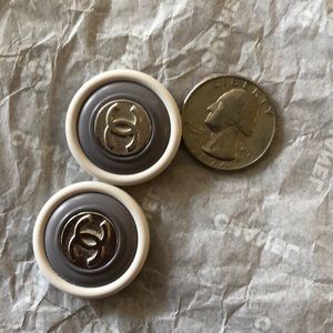 2 Authentic Chanel Grey Enamel Silver Logo Button